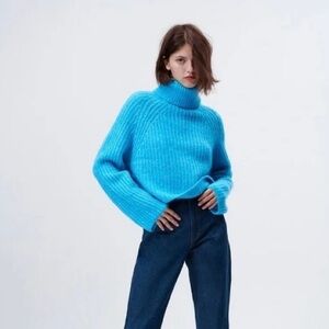 Bright Blue Zara Purl Knit Turtleneck Sweater